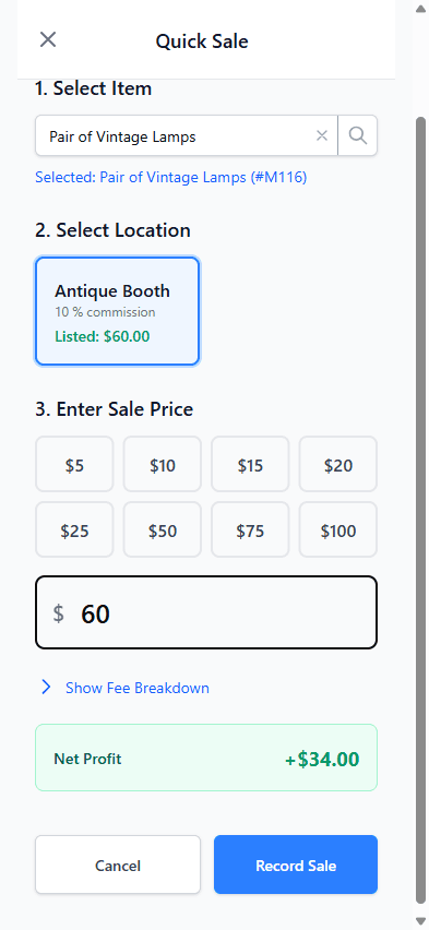 Mobile sale entry screen